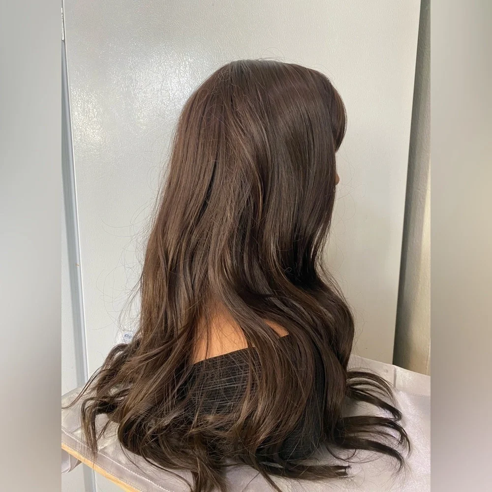 Chocolate Brown Wavy Long Wig with bangs 26”